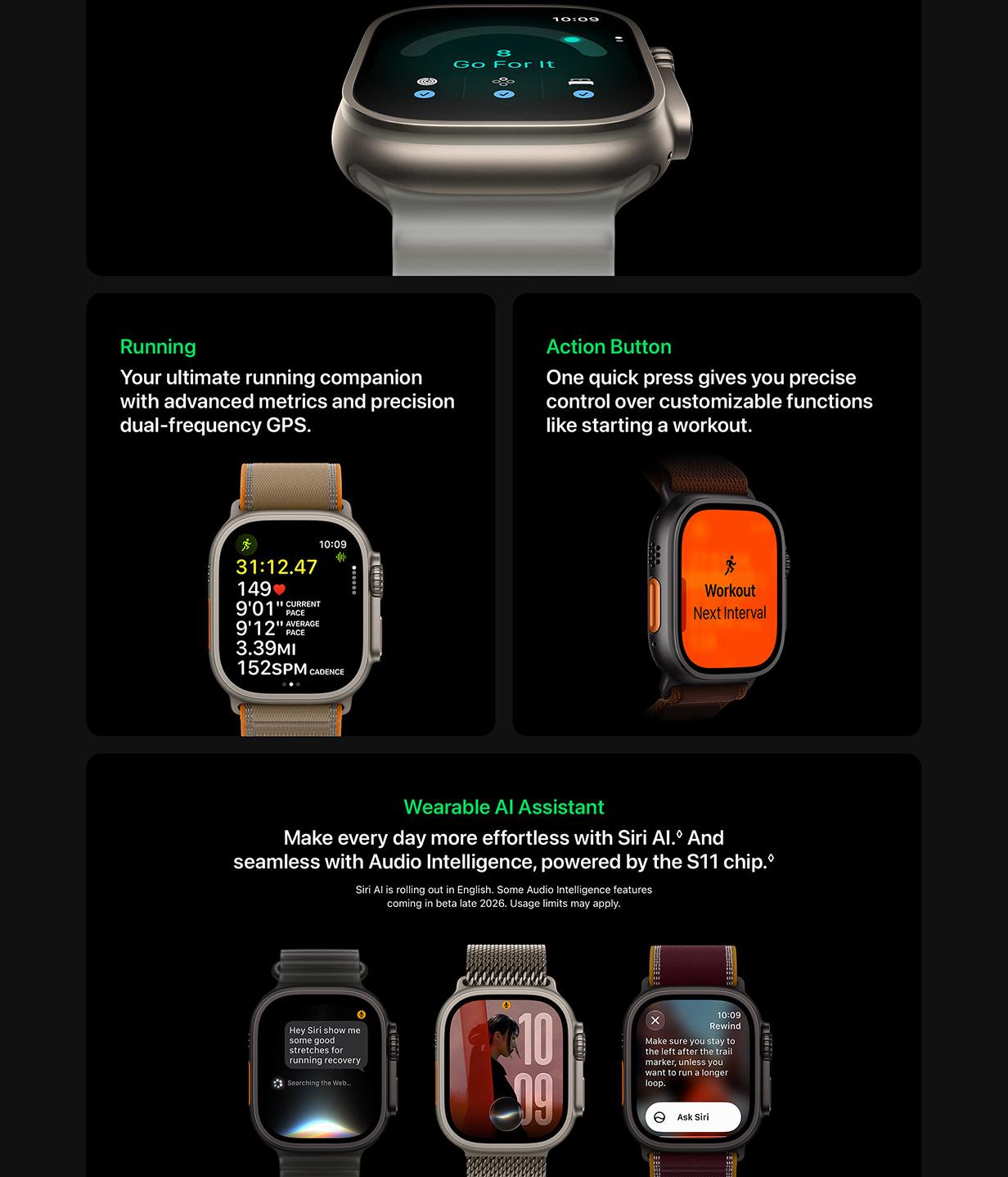 Apple Watch Ultra 4 featuring precision dual-frequency GPS, customizable Action Button, Siri AI, and Audio Intelligence.